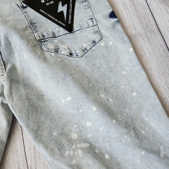 Plus Size Men Light Blue Distressed Denim Biker Shorts - Skinny Fit - Picture 9 of 15